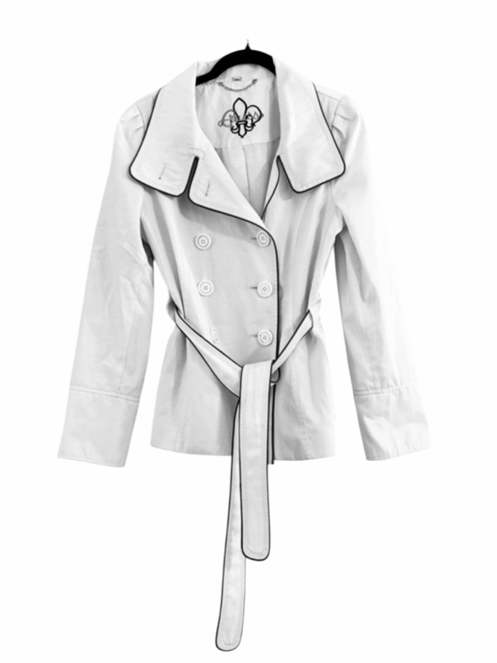 GUESS White Double Breasted Trench Coat Black Piping Belted Short Jacket Size M